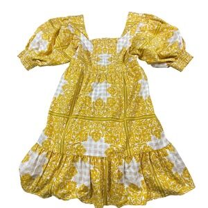 Du Paradis Yellow Damask Floral Cotton Puff Sleeve Mini Dress DP05423-01 Medium